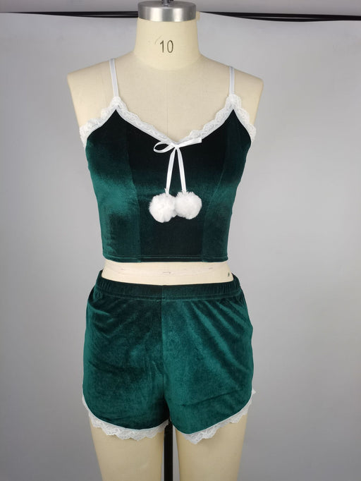 Color-blackish green-Christmas Sexy Sexy Lingerie Set Velvet Spaghetti Straps Shorts Passion Temptation Uniform-Fancey Boutique