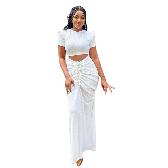 Color-White-Women Suit Tight Shirred Skirt Sexy Women Clothing Short Sleeve Pleated Cropped Outfit Long Skirt Set-Fancey Boutique