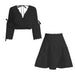 Color-Black-Autumn Elegant Lady V neck Short Top Ultra High Waist Pleated Skirt Set Two Piece Set-Fancey Boutique