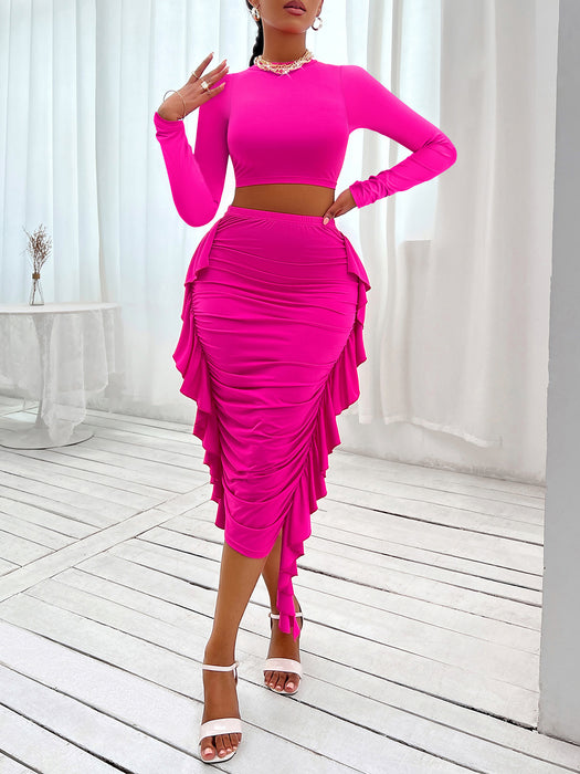 Color-Coral Red-Fall Winter Sexy Women Clothing Solid Color Round Neck Cropped Outfit Long Sleeve Flounced Skirt Set-Fancey Boutique