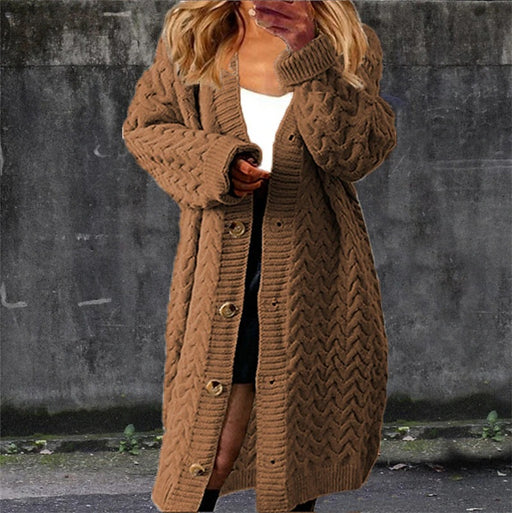 Color-Brown-Solid Color Loose Long Single-Breasted Thick Twist Thick Knitted Sweater Cardigan Coat Women-Fancey Boutique