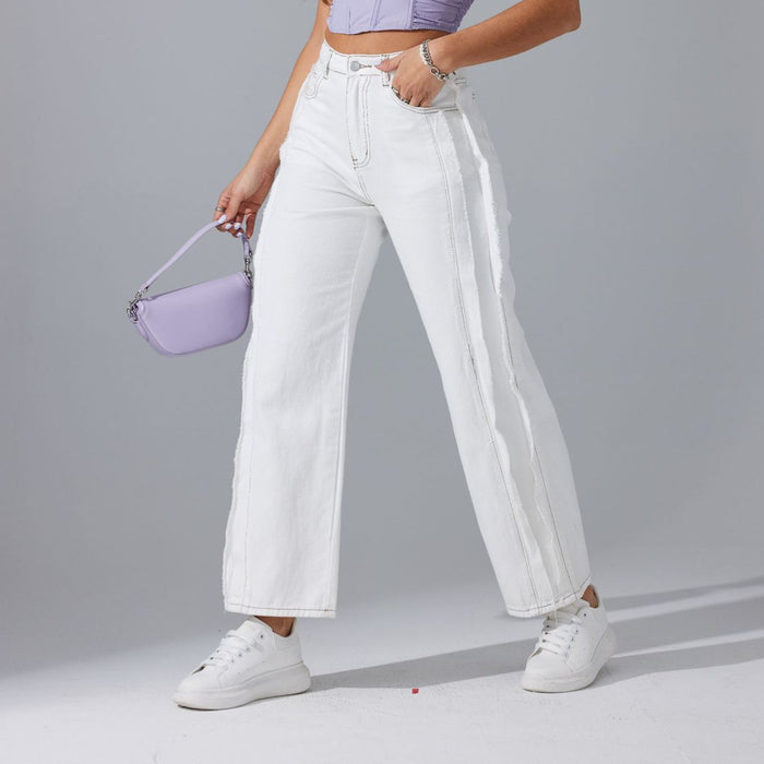 High Waist Raw Hem Straight White Jeans Spring Casual Office Loose Slimming Fashionable Design Pants-Fancey Boutique