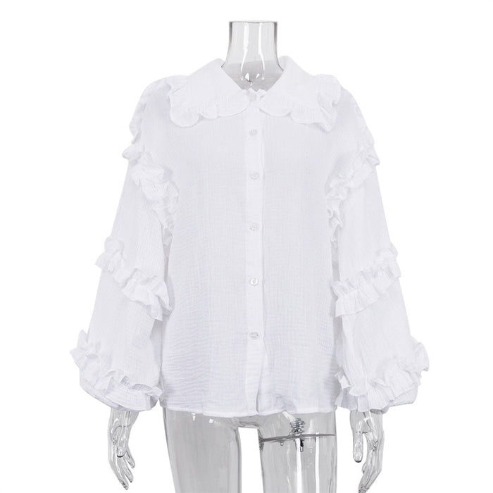 Women Clothing Early Spring Court Lantern Sleeve Women Shirt Casual Doll Collar Cotton White Shirt-White-Fancey Boutique