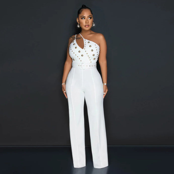 Color-White-Solid Color Jumpsuit Slim Fit One Shoulder Wide Leg Pants Women-Fancey Boutique