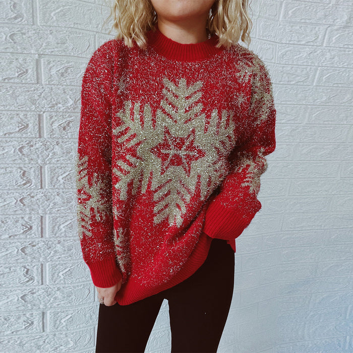 Color-White-Year Holiday Pullover Gold Thread Brushed Jacquard Large Snowflake Elk Christmas Sweater for Women-Fancey Boutique