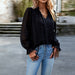 Color-Black-Jacquard Shirt Women Autumn Elegant V neck Long Sleeve Top-Fancey Boutique