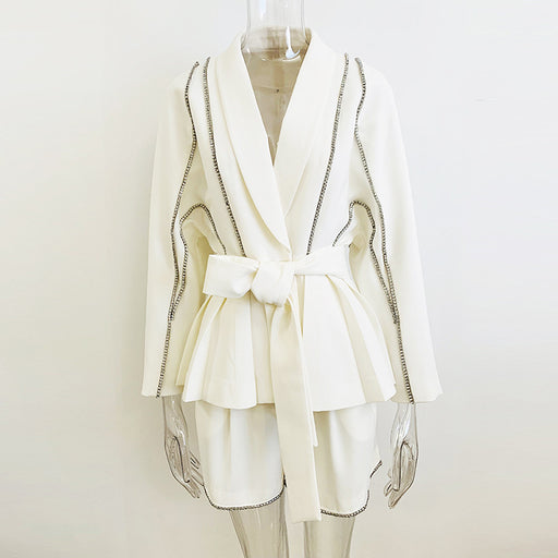 Color-White-Socialite Batwing Sleeve Diamond Series Belt Suit Shorts Two Piece Set-Fancey Boutique