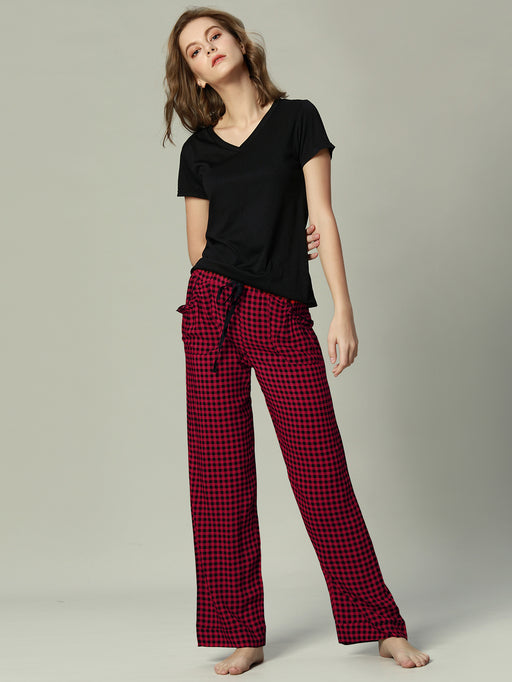 Color-Black and red grid-Suit Women Clothing Short-Sleeved Trousers Two-Piece Suit for Women-Fancey Boutique