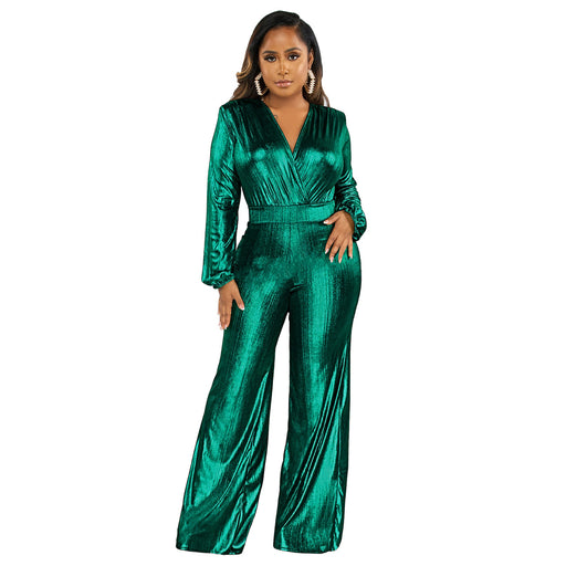 Color-Green-Autumn Winter V neck Sexy Slim Fit Nightclub Long Sleeve Wide Leg Jumpsuit-Fancey Boutique