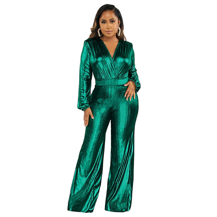 Color-Green-Autumn Winter V neck Sexy Slim Fit Nightclub Long Sleeve Wide Leg Jumpsuit-Fancey Boutique