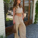 Cotton Linen Suit Short Summer Sleeveless Elastic Cropped Outfit Top Trousers Slit Two Piece Set-Khaki-Fancey Boutique