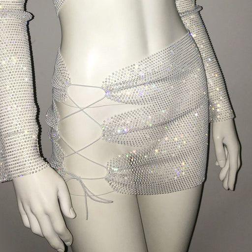 Sexy See through Mesh Rhinestone Fishnet Tube Top Skirt Sexy Set-White Skirt-Fancey Boutique