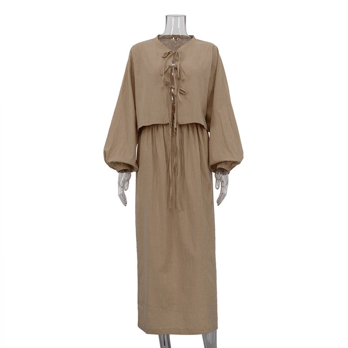 Women Clothing Retro Tea Dress for Women Puff Sleeve Shirt Set Summer-Khaki-Fancey Boutique