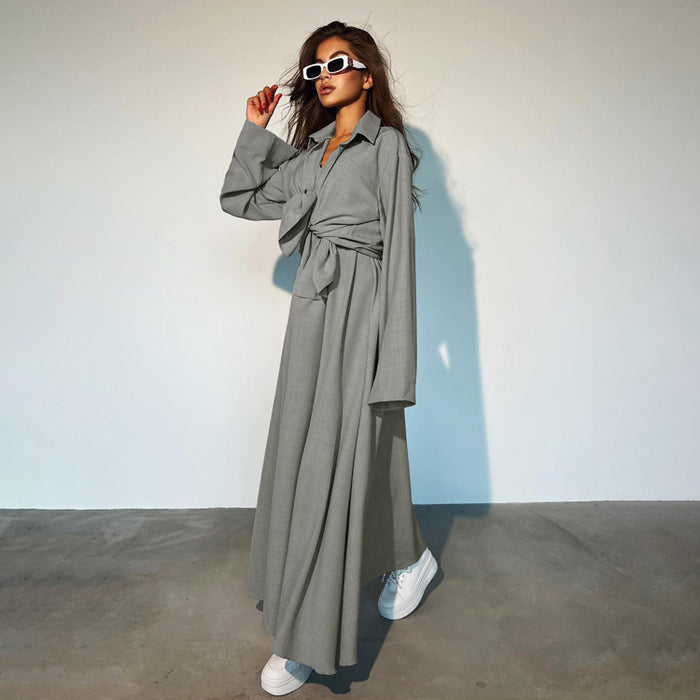 Women Clothing Loose Fitting Long Sleeves Shirt Vest Maxi Dress Two Piece Shirt Skirt Set-Fancey Boutique