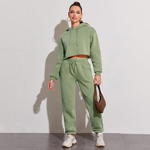 Color-Green-Autumn Winter Fleece Lined Long-Sleeved Short Sweater Women cropped Hooded Fleece Shirt Women Solid Color Straight Leg Pants Suit-Fancey Boutique