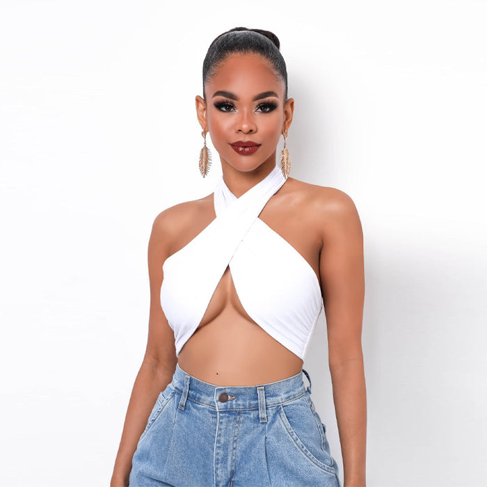 Color-White-Criss Cross Women Clothing Nightclub Sexy cropped Halter Bottoming Tube Women Vest-Fancey Boutique