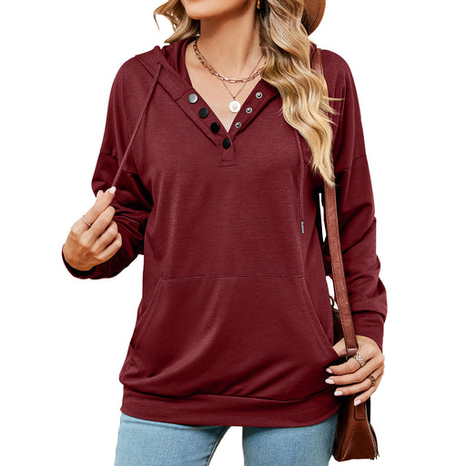 Color-Burgundy-Autumn Winter Solid Color Buttons Drawstring Pocket Loose Long Sleeve Sweatershirt Women-Fancey Boutique