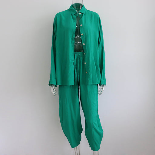 Color-Green-Spring Casual Set Solid Color Polo Collar Long Sleeve Shirt Top Harem Pants Two Piece Set-Fancey Boutique
