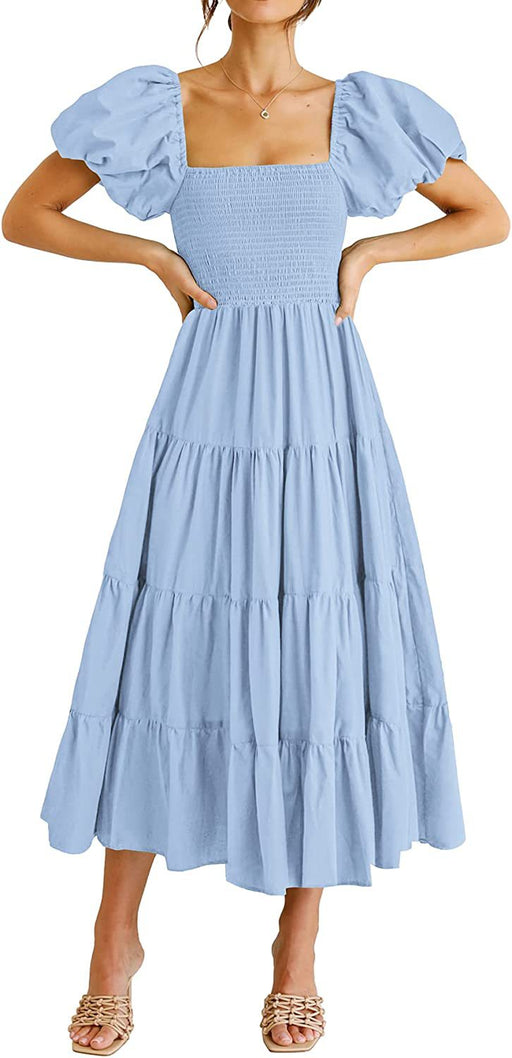 Color-Light Blue-Summer Women Clothing Square Collar Backless Puff Sleeve Pleated Short Sleeves Dress-Fancey Boutique