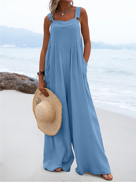 Color-Blue-Summer New Women National Fashion Solid Color Buttons Sling Wide Leg Trousers Jumpsuit-Fancey Boutique