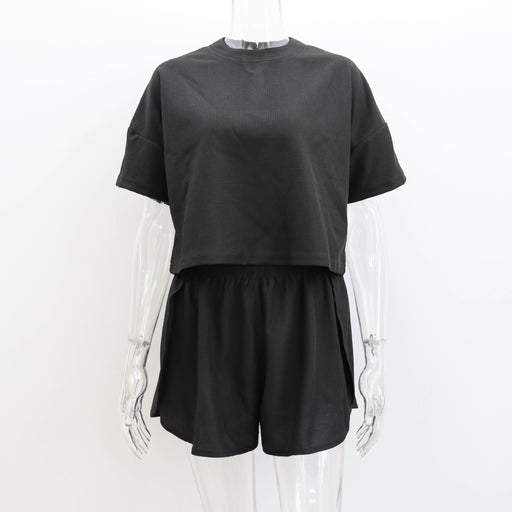 Color-Black-Summer Waffle Casual Suit Women Short T shirt round Neck Short Sleeve Top Shorts Sexy Two Piece Suit Women-Fancey Boutique