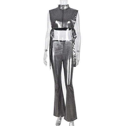 Color-Gray-Sexy Side Exposed Hollow Out Cutout Vest High Waist Strap Bell-Bottom Pants Stretch Leather Suit-Fancey Boutique