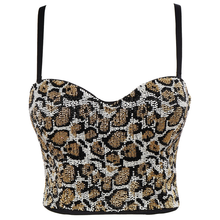 Color-Women Personalized Slim-Looking Beaded Backless Corset Short Leopard Print Outerwear Camisole Tube Top-Fancey Boutique