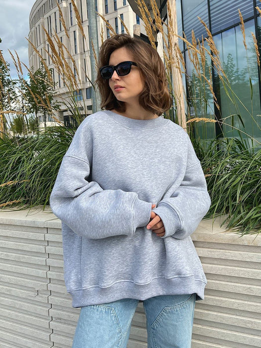 Round Neck Loose Sweatshirt Women Autumn Winter Street Solid Color Polar Fleece Pullover Sweater-Multi-Fancey Boutique