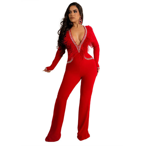 Color-Red-Sexy Deep V Plunge Feather Collar Wide Leg Jumpsuit Women Autumn Winter Rhinestone-Fancey Boutique