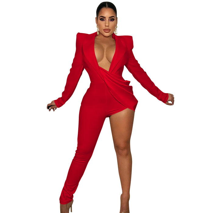 Color-Red-Sexy Solid Color Tight V Neck Long Sleeve Jumpsuit Women-Fancey Boutique