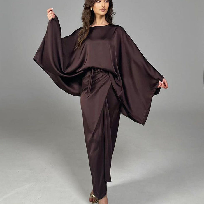 Color-Coffee-Satin Batwing Sleeve Irregular Asymmetric Long One Step Skirt Two Piece Set Women-Fancey Boutique
