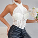 Color-White-Specializes Lace Mesh Cross Halterneck Top Rhombus Boning Corset Vest-Fancey Boutique