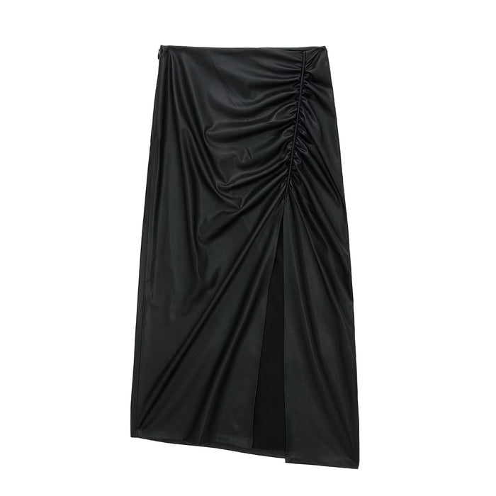 Color-Black-Women Clothing Minority Pleated Decorative Faux Leather Skirt-Fancey Boutique