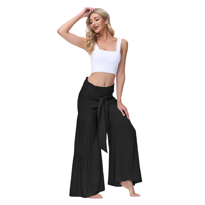 Color-Black-Women Clothing Bandage Elastic Waist Pleated Wide Leg Pants Casual Loose Trousers-Fancey Boutique