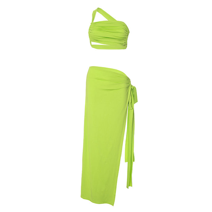 Color-Green-Women Clothing Summer Solid Color Pleated Backless Top Split Skirt Casual Suit-Fancey Boutique