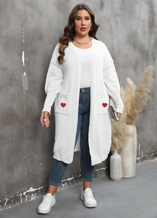 Color-White-Women plus Size Women Clothes Mid Length Woven Sweater Love Double Pocket Lantern Sleeve Sweater Cardigan-Fancey Boutique