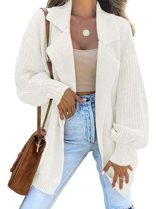 Color-White-Solid Color Loose One Button Collar Pocket Sleeve Splicing Coat Sweater Cardigan for Women-Fancey Boutique