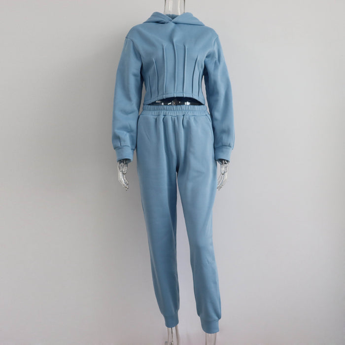 Color-Blue-Hoodie Set Women Fall Winter Cinched Hoodie Sweater Casual Jogger Pants Two Piece Set-Fancey Boutique