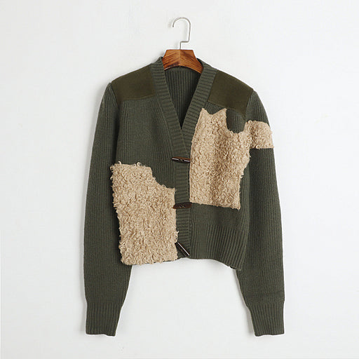 Color-Green-Niche Design Stitching Thick Sweater Women Autumn Winter Japanese Horn Button V Neck Warm Jacket-Fancey Boutique