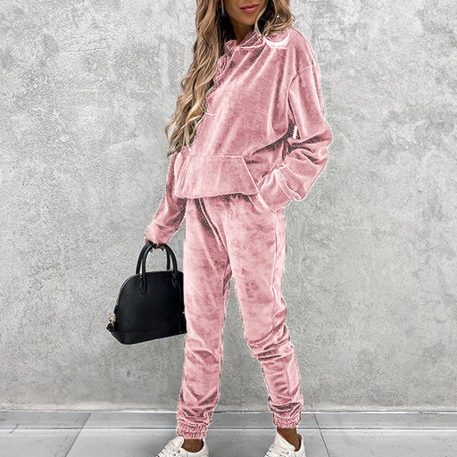 Color-Pink-Winter Solid Color Hooded Sports Casual Silver Fox Velvet Suit Women-Fancey Boutique