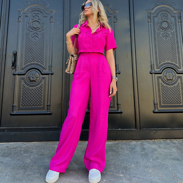 Color-Coral Red-Women Short Summer Clothing Cropped Short Sleeve Top Trousers Two Piece Set-Fancey Boutique