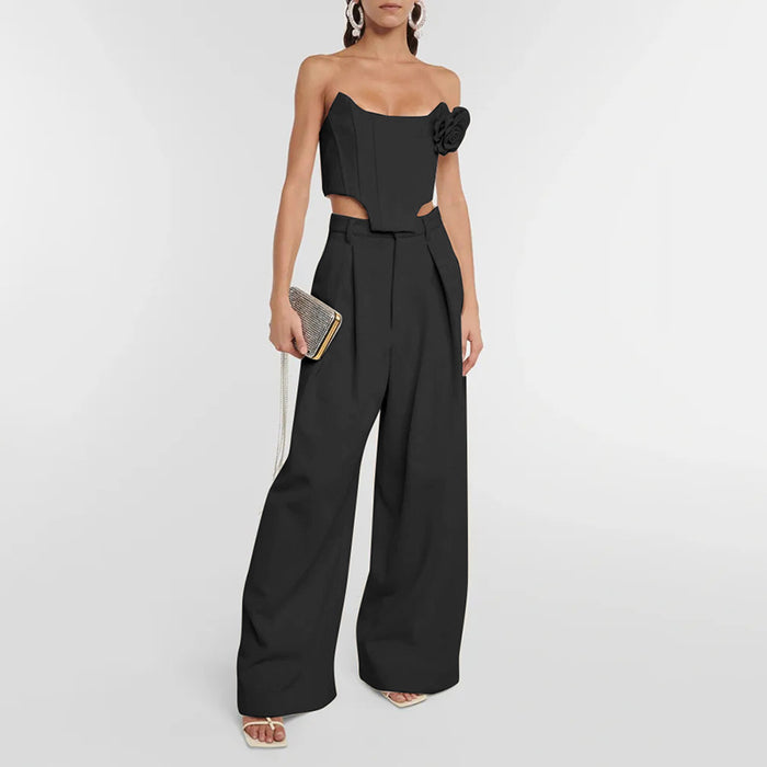 Color-Black-Tube Top Boning Corset Cropped Outfit Top Casual Wide Leg Pants Solid Color Sexy Suit Two Piece Set for Women-Fancey Boutique