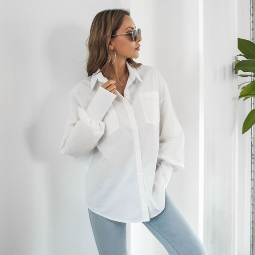 Color-White-Women Cotton Lantern Sleeve Long Sleeve Mid Length Shirt Loose Shirt Top Spring Autumn Women Clothing-Fancey Boutique