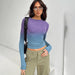 Color-Purple-Women Clothing Autumn Winter Gradient Color round Neck Long Sleeve Basic Top-Fancey Boutique