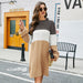 Color-Brown Long Sweater-Autumn Winter Casual Loose Round Neck Long Sweater Idle Contrast Color Long Sleeves Knitted Sweater Dress-Fancey Boutique