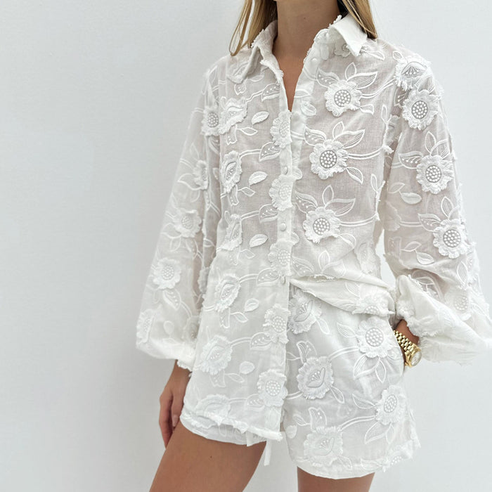 Sexy Suit Spring Autumn Cotton Embroidered Transparent Shirt High Waist Shorts-Fancey Boutique