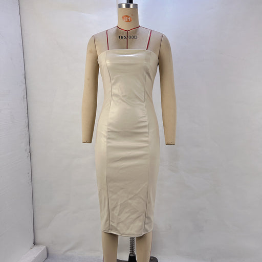 Color-Ivory-Women Clothing Fall Winter Solid Color Faux Leather Sexy Tube Top Cinched Waist Sheath Dress-Fancey Boutique