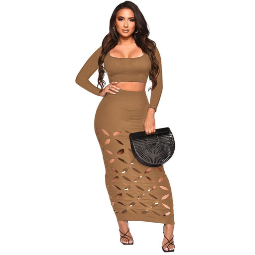 Color-Brown-Women Clothing Thread Burning Square Collar High Waist Slim Fit Hollow Out Cutout Sexy Set-Fancey Boutique