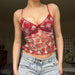 Sweet Spicy Sexy V neck Cherry Print Blooming Mesh Camisole Girl Dopamine Low Cut Cinched Lace Vest-Tank Top-Fancey Boutique