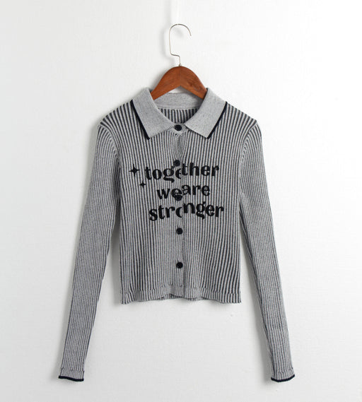 Color-Gray-Autumn Collared Long Sleeve Letter Graphic Print Color Contrasting Stripe Stretch Slim Sweater-Fancey Boutique